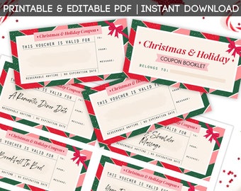 Christmas Digital Printable Coupons | Editable DIY Gift Holiday Present Ideas | Festive Pre-Made Template Vouchers | PDF Download Gifts DIY