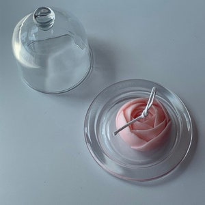 May include: A pink rose-shaped candle with a white wick sits on a clear glass plate under a glass dome.