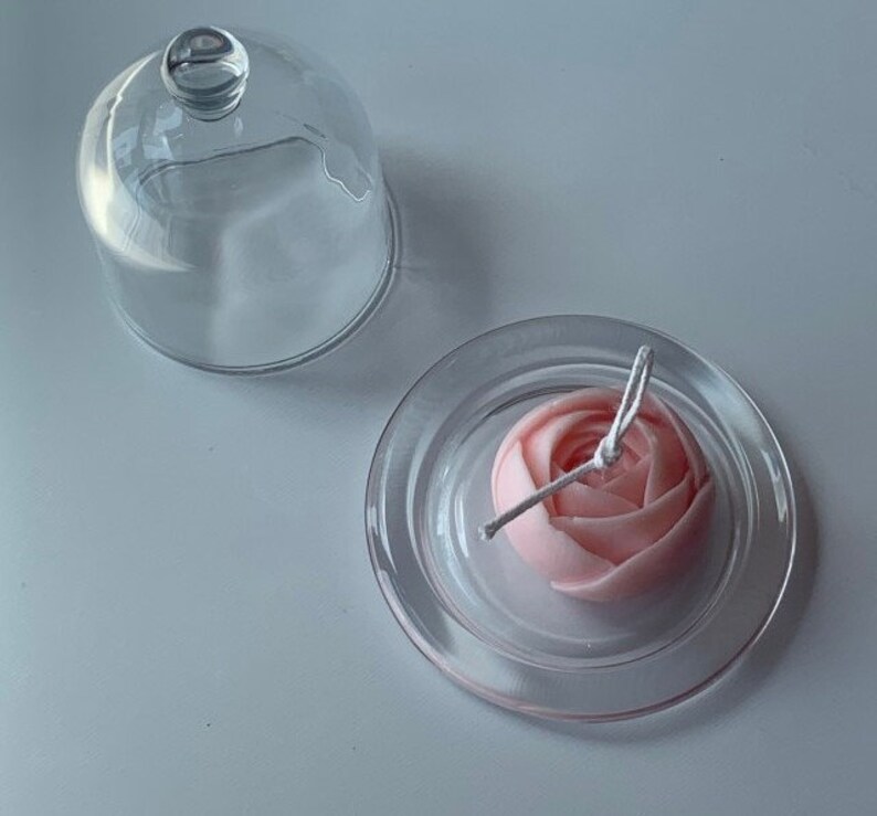 May include: A pink rose-shaped candle with a white wick sits on a clear glass plate under a glass dome.