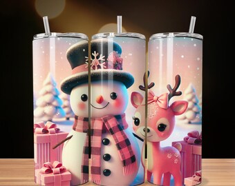 Pink snowman tumbler 20oz wrap - cute christmas design, reindeer, digital download