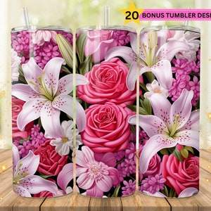 Pink Floral Tumbler, 20oz skinny sublimation tumbler wrap designs 3D flower tumbler wrap png, pink roses pink lilies floral seamless pattern