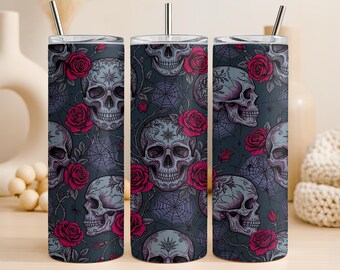 Seamless Skull Tumbler Wrap PNG 20oz Straight Tumbler Design Dark Roses Spiderweb Sublimation Graphic Digital Download Commercial Use Cup