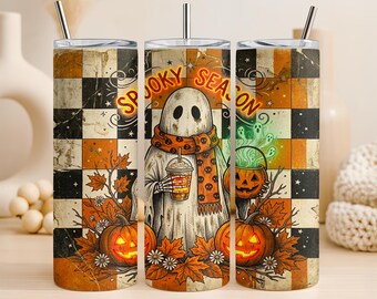 Retro Ghost Tumbler Wrap PNG 20oz Straight Tumbler Design Spooky Season Fall Coffee Sublimation Graphic Digital Download Commercial Use