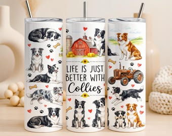 Border Collie Tumbler Wrap PNG 20oz Straight Tumbler Design Tri Color Merle Dog Sublimation Graphic Digital Download Commercial Use Pet Gift