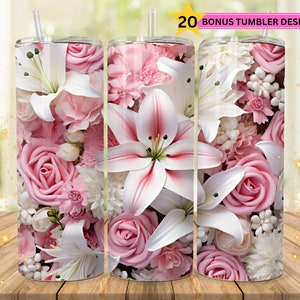 Pink Floral Tumbler, 20oz skinny sublimation tumbler wrap designs 3D flower tumbler wrap png, pink roses pink lilies floral seamless pattern