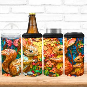 4 in 1 Can Cooler Sublimation Wrap, Stained Glass Rabbits and Butterflies Design, Nature-Inspired Drink Cooler PNG, Artistic Beverage Holder