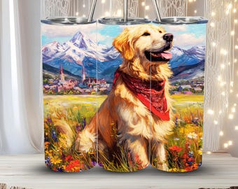 Golden Retriever Tumbler Wrap 20oz Straight PNG Dog Lover Gift Mountain Village Scenic Floral Field Sublimation Design