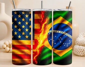 US Brazil Flag Tumbler Wrap PNG 20oz Straight Tumbler Design Dual Nationality Sublimation Graphic Flame Fire Digital Download Commercial