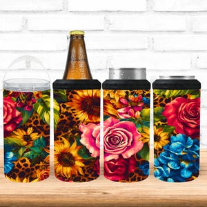 4 in 1 Can Cooler Sublimation Wrap, Floral and Leopard Print Design, Bold Drink Cooler PNG, Nature-Inspired Beverage Holder