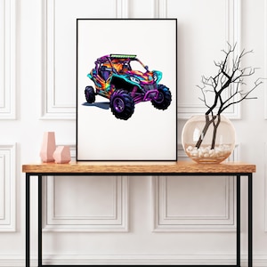 May include: A colorful off-road vehicle with a black roll cage and a white background. The vehicle is painted in shades of pink, blue, green, and yellow.