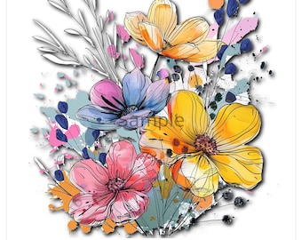 Bright Watercolor Flower Bouquet PNG Clipart | Color Splash Sublimation Design | Transparent Background Printable Floral Download