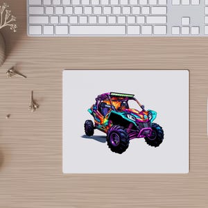 May include: A colorful off-road vehicle with a black and white design. The vehicle has a roll cage and a light bar on the roof. The vehicle is on a white background.