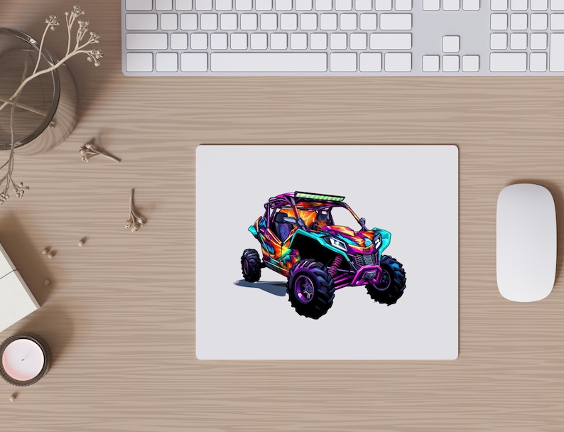 May include: A colorful off-road vehicle with a black and white design. The vehicle has a roll cage and a light bar on the roof. The vehicle is on a white background.