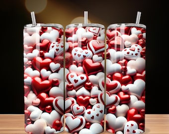 Valentine Hearts Tumbler Wrap 20oz PNG, Red & White Hearts, hearts tumbler, heart wrap, love tumbler png, red white hearts, valentines png