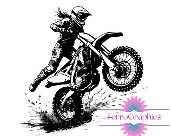 Girl Motocross Clipart PNG – Black and White Dirt Bike Graphic (Digital Download)