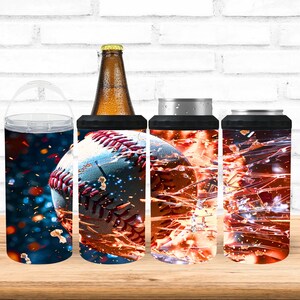 May include: A collection of drink holders and a bottle, featuring baseball and abstract designs. The holders are cylindrical, with a clear plastic tumbler, and insulated can coolers. The baseball design has red stitching and a blue background.