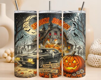 Spooky Season Tumbler Wrap PNG 20oz Straight Tumbler Design Halloween Ghost Muscle Car Sublimation Graphic Digital Download Commercial Use