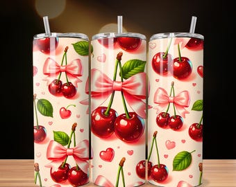 Cherry Bow Tumbler Wrap 20oz PNG - cherry tumbler, pink bow cherries, cute cherry art, valentine tumbler, girly tumbler png, valentines png