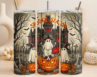 Spooky Season Tumbler Wrap PNG 20oz Straight Tumbler Design Witch Ghost Haunted House Sublimation Graphic Digital Download Commercial Use