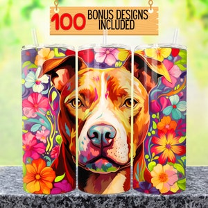 Floral Pitbull Tumbler 20 oz Skinny Tumbler Sublimation Design, Instant Digital Download, Straight Tumbler Wrap PNG, dog tumbler, dog mom