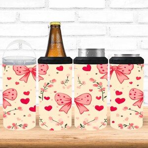 4 in 1 Can Cooler Sublimation Wrap, Pink Bow and Heart Pattern Design, Cute and Floral Drink Cooler PNG, Artistic Beverage Holder