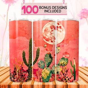 Pink Cactus Tumbler 20 oz Skinny Tumbler Sublimation Design, Instant Digital Download, Straight Tumbler Wrap PNG, watercolor succulent