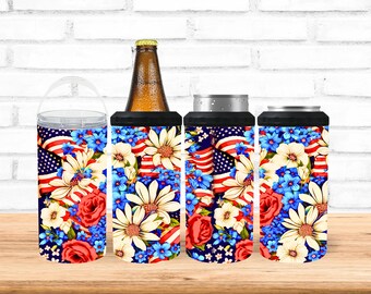 Envoltura floral patriótica para vaso, diseño de sublimación con bandera estadounidense.