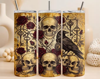 Gothic Skull Tumbler Wrap PNG 20oz Straight Tumbler Design Raven Crow Red Roses Sublimation Graphic Digital Download Commercial Use Wrap