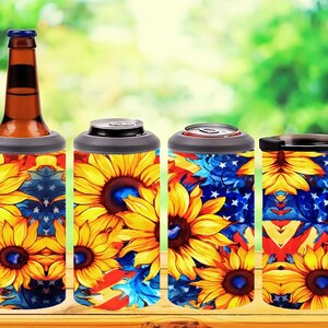 4 in 1 Can Cooler Sublimation Wrap, Giant Sunflower Can Cooler Design, can cooler png, Sunflower can cooler wrap, american flag can cooler