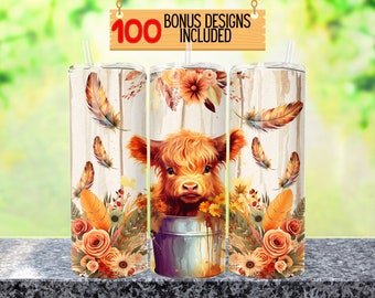 Baby Highland Cow Tumbler Wrap, Boho Flowers (Digital Download PNG)
