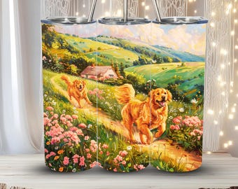 Golden Retriever Tumbler Wrap 20oz Straight PNG Dog Lover Gift Scenic Meadow Cottage Floral Path Sublimation Design