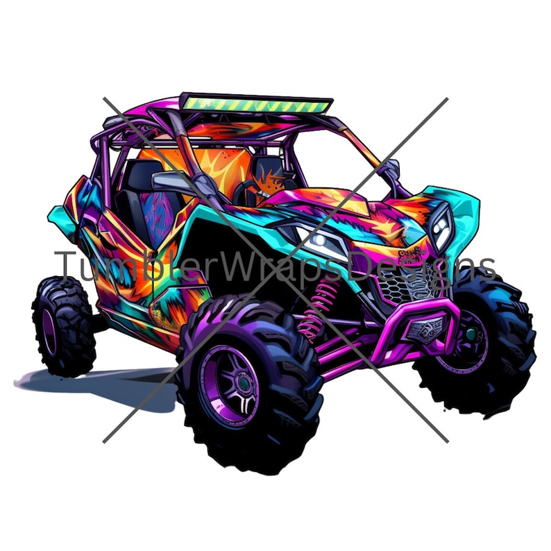 May include: A vibrant, multi-colored off-road vehicle with a pink roll cage and a custom paint job. The vehicle has a bright yellow light bar on the roof and a "Can-Am" logo on the front.