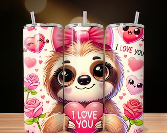 Valentine Sloth Tumbler Wrap, Pink Roses, 20oz Skinny Straight Sublimation PNG