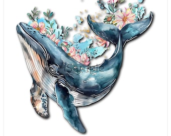 Floral Whale PNG Clipart | Watercolor Sublimation Design | Ocean Animal Printable | Transparent Background | Nursery Wall Art Digital