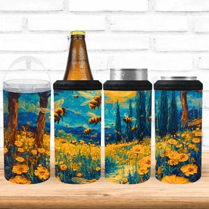 4 in 1 Can Cooler Sublimation Wrap, Bees and Sunflower Field Design, Nature-Inspired Drink Cooler PNG, Artistic Beverage Holder