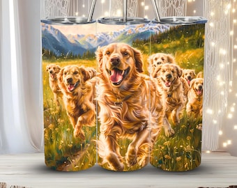 Golden Retriever Pack Tumbler Wrap 20oz Straight PNG Dog Lover Gift Running Dogs Mountain Scenic Sublimation Design