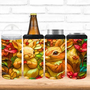 4 in 1 Can Cooler Sublimation Wrap, Stained Glass Rabbits and Flowers Design, Spring-Inspired Drink Cooler PNG, Artistic Beverage Holder