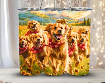 Golden Retriever Pack Tumbler Wrap 20oz Straight PNG Dog Lover Gift Running Puppies Field Sunflower Scenic Sublimation Design