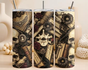 Dark Academia Tumbler Wrap PNG 20oz Straight Tumbler Design Gothic Skull Grimoire Sublimation Graphic Digital Download Commercial Use Cup