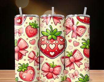 Strawberry Hearts Tumbler Wrap, Cute Pink Bow Valentines Design, 20oz Skinny Seamless Digital Download
