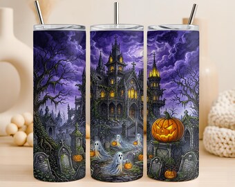 Haunted Mansion Tumbler Wrap PNG 20oz Straight Tumbler Design Cute Ghost Cemetery Halloween Sublimation Digital Download Commercial Use
