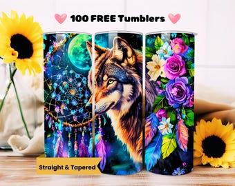 Wolf Dreamcatcher 20oz Tumbler Sublimation Design, Boho Feathers (PNG, Digital Download)