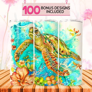 Sea Turtle Tumbler PNG – 20oz Skinny Tumbler Wrap Download, Ocean Marine Life Sublimation Design, Beach Theme Cup, Coastal Turtle Art