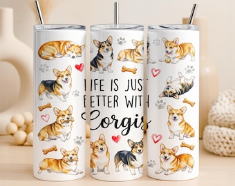 Corgi Tumbler Wrap PNG 20oz Straight Tumbler Design Pembroke Welsh Corgi Sublimation Graphic Digital Download Commercial Use Cute Dogs