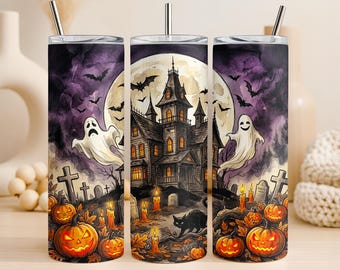 Haunted House Tumbler Wrap PNG 20oz Straight Tumbler Design Halloween Ghost Full Moon Sublimation Graphic Digital Download Commercial Use