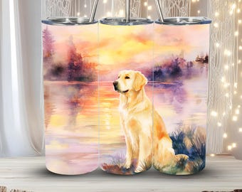 Golden Retriever Tumbler Wrap 20oz Straight PNG Dog Lover Gift Watercolor Lake Sunset Nature Sublimation Design