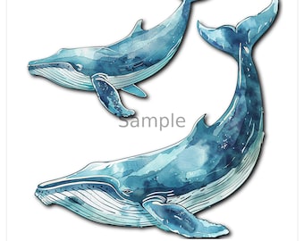 Watercolor Blue Whale Duo PNG Clipart | Ocean Animal Printable | Transparent Background Sublimation Design | Coastal Nursery Download