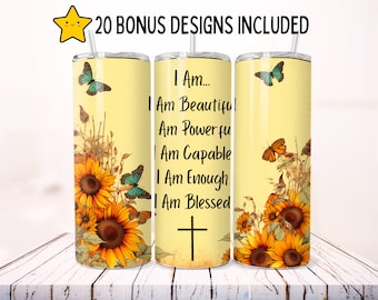 Diseño de sublimación para vaso de afirmación, girasol y mariposa (descarga digital)