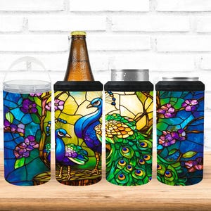 4 in 1 Can Cooler Sublimation Wrap, Peacock and Floral Stained Glass Can Cooler Design, Vibrant Drink Cooler PNG, Artistic Beverage Holder D