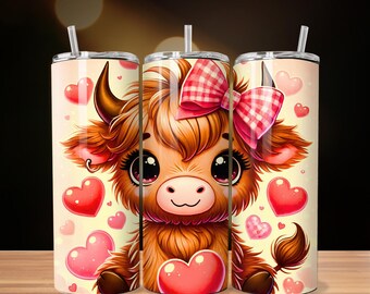 Cute Highland Cow Valentine Tumbler Wrap • Pink Hearts Print • 20oz Skinny Sublimation Design